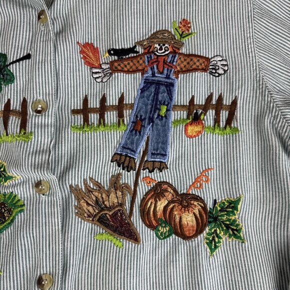 VTG Casey & Max Embroidered Button Up Shirt Women's M Green Stripe Autumn (1138) - Picture 4 of 10